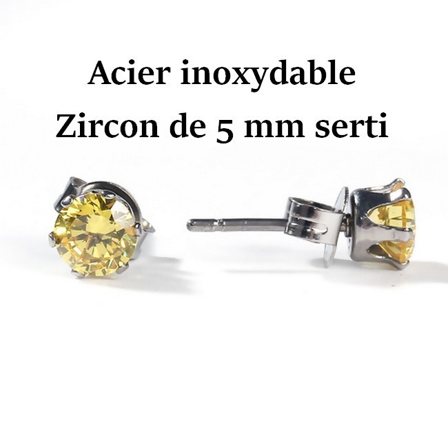 1 paire de puces d'oreille acier inoxydable & zircon jaune 5 mm
