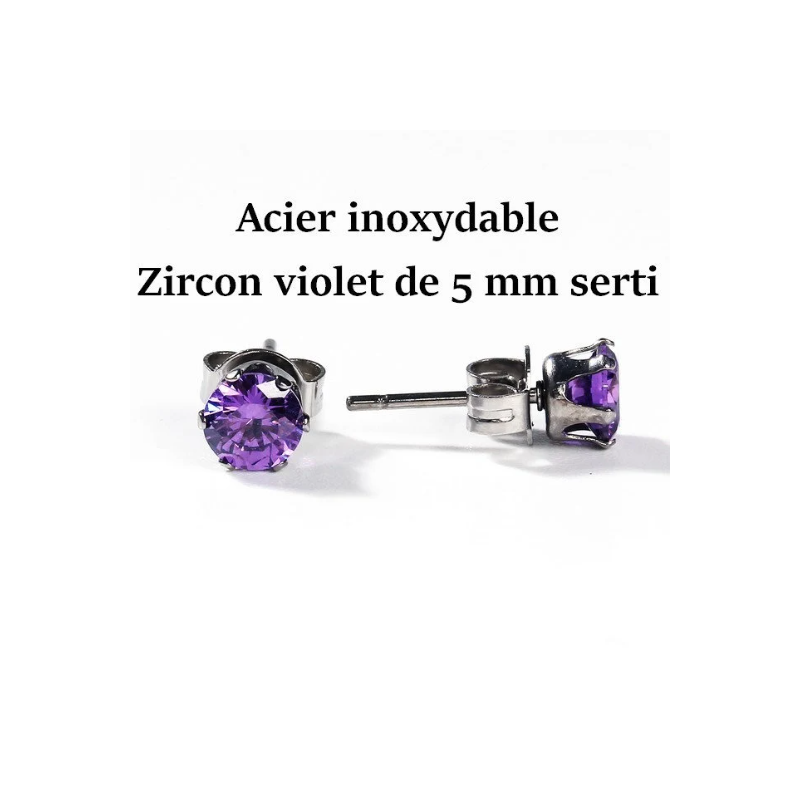 1 paire de puces d'oreille acier inoxydable & zircon violet 5 mm