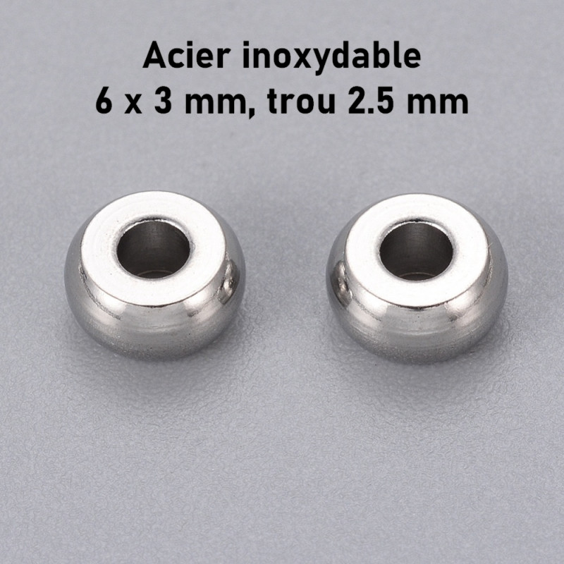 20 perles de 6 x 3 mm en acier inoxydable
