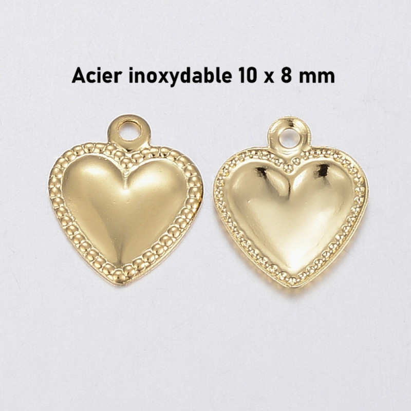 10 breloques coeur en acier inoxydable doré bout de chaine 10x8 mm