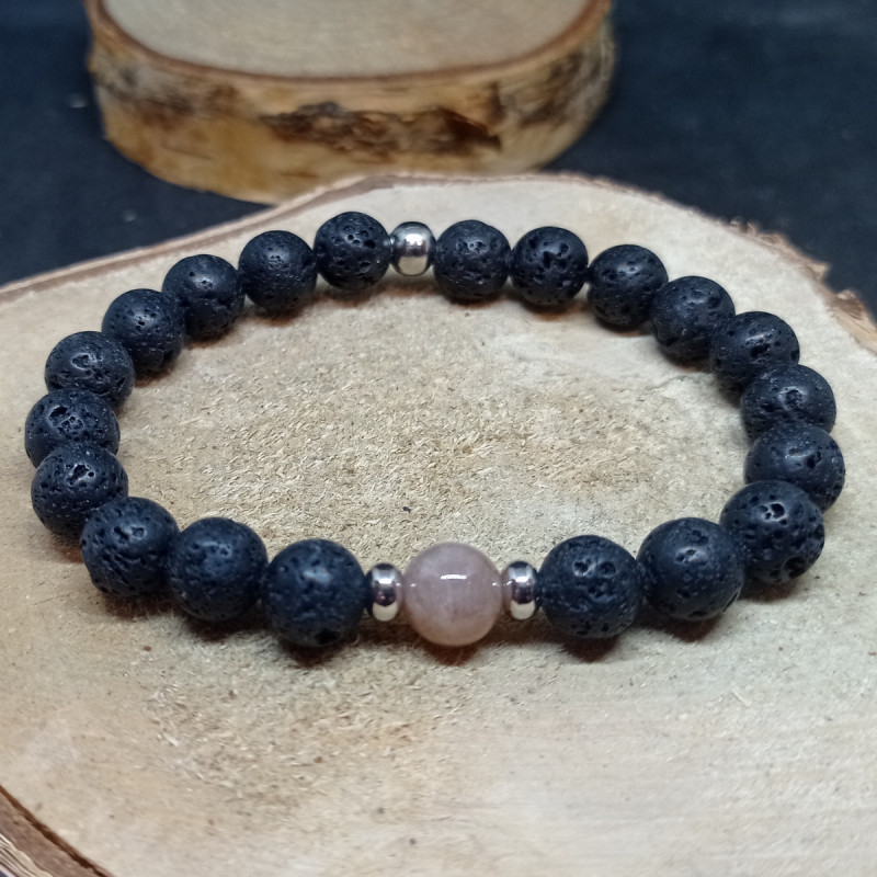 1 bracelet perles de lave & pierre de soleil de 16 cm