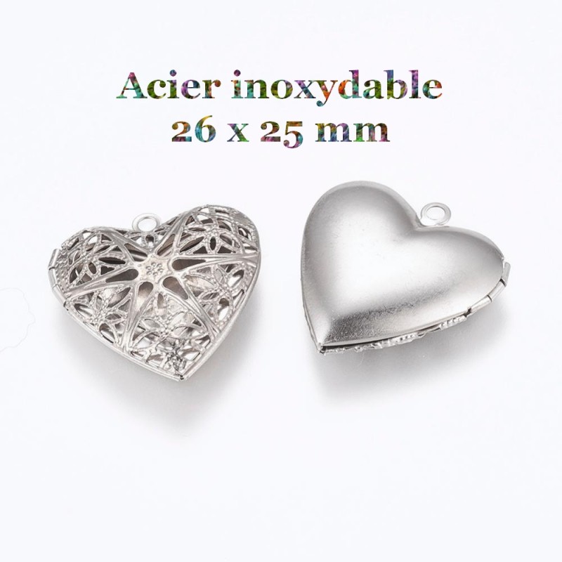 2 pendentifs coeur secret ciselé en acier inoxydable 26 mm