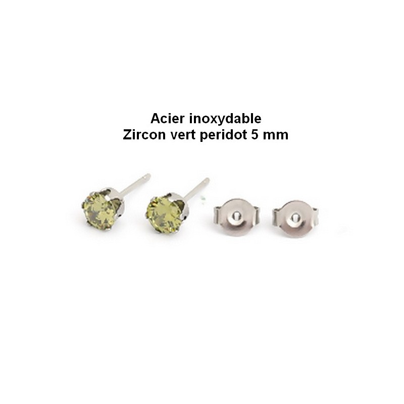 1 paire de puces d'oreille acier inoxydable & zircon vert 5 mm